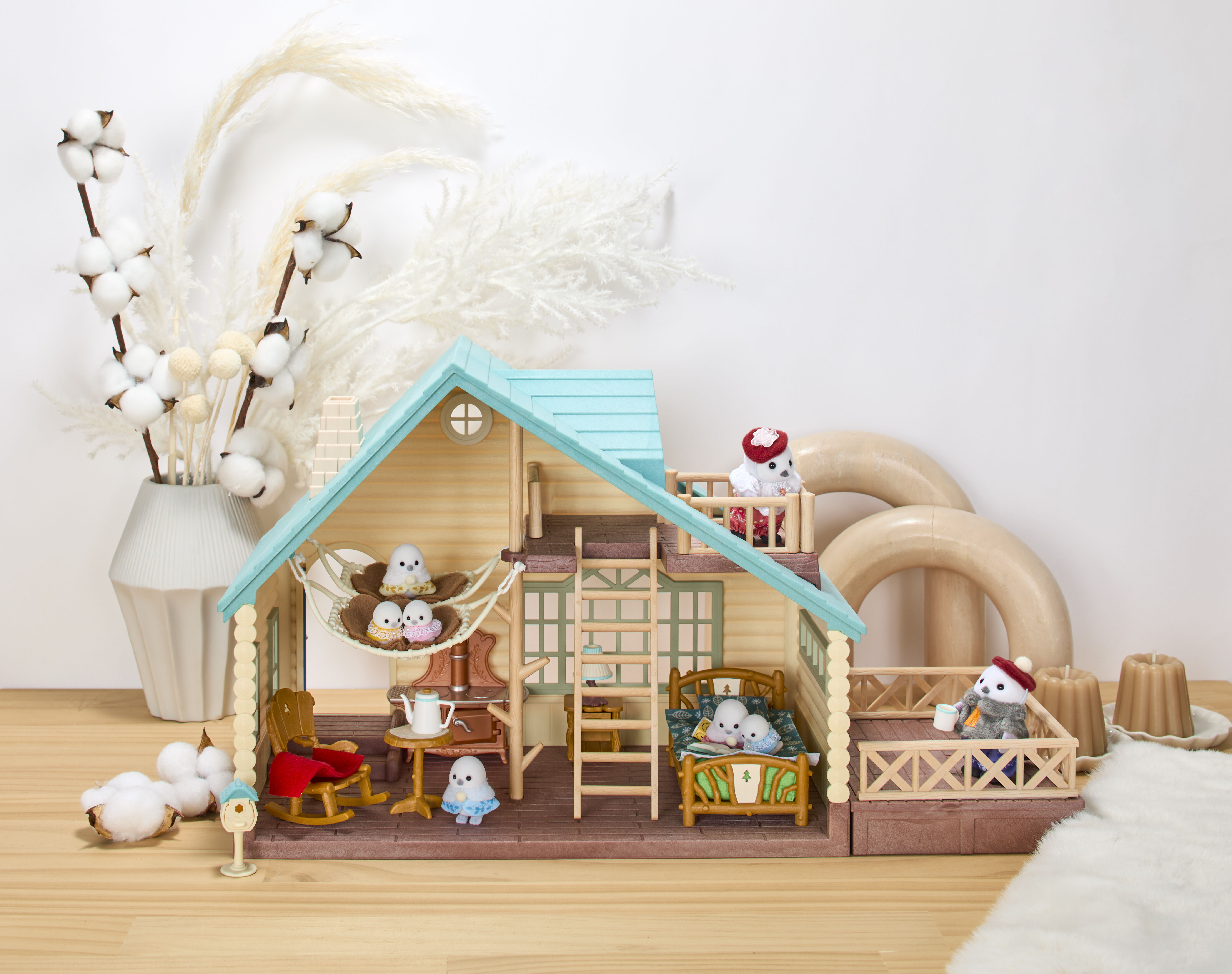 シマエナガファミリー、シマエナガのぬくもりログコテージセット