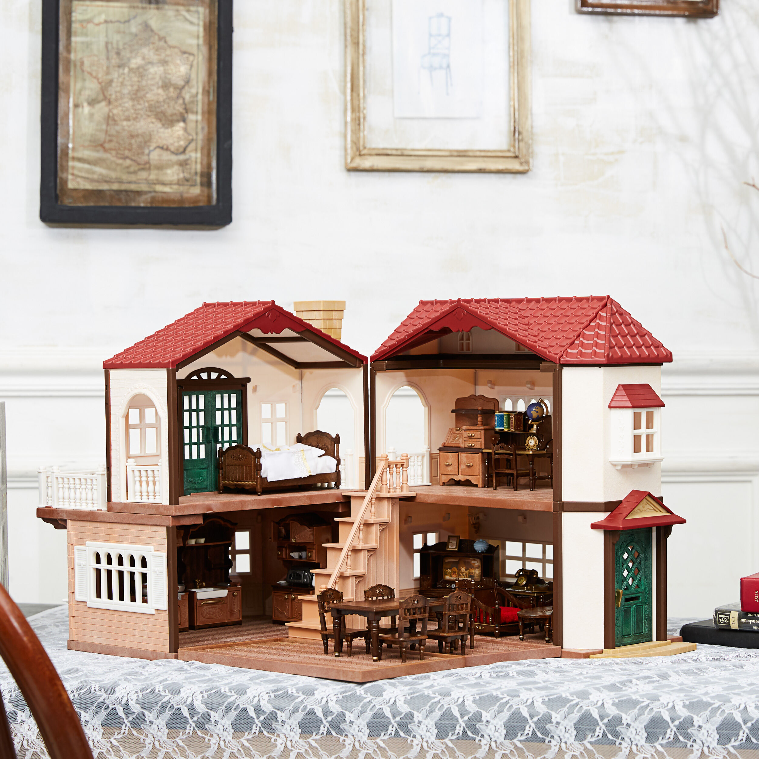 レア！　シルバニアファミリー　赤い屋根の大きなお家クラシックカラーフルセット＋ シルバニア限定品 赤い屋根の大きなお家 クラシックカラー フル