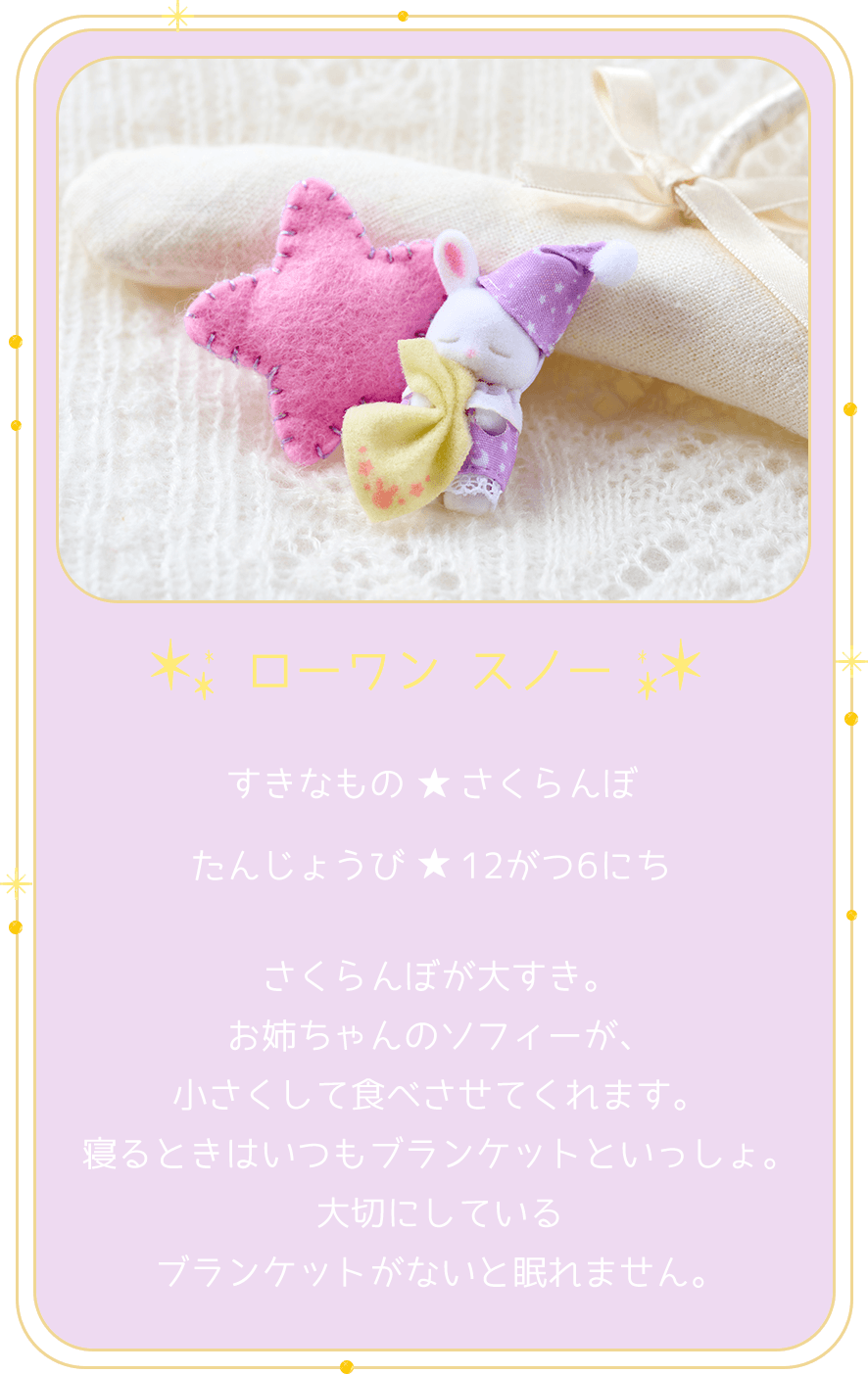 ローワン スノー すきなもの さくらんぼ たんじょうび 12がつ6にち さくらんぼが大すき。お姉ちゃんのソフィーが、小さくして食べさせてくれます。寝るときはいつもブランケットといっしょ。大切にしているブランケットがないと眠れません。